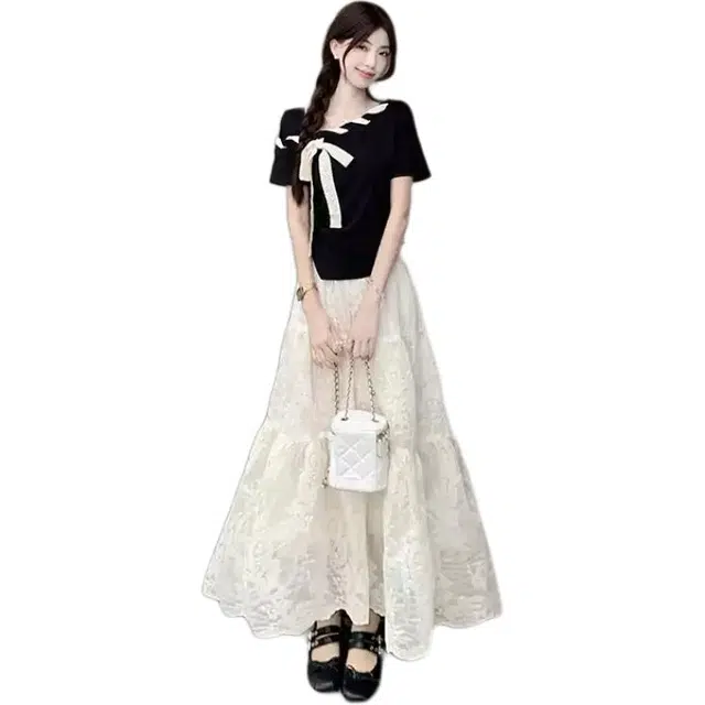 沐晓欣 夏日森系甜美少女学院蝴蝶短袖上衣高腰气质半身长裙裙装套装 女款