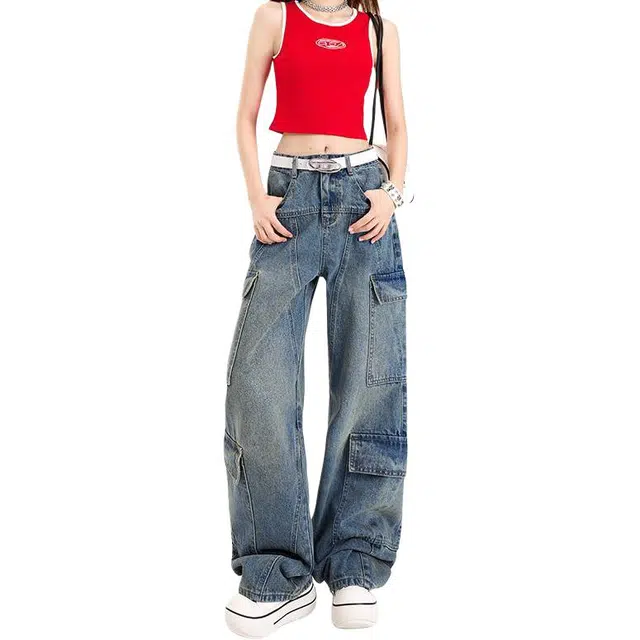 拾籍 高街风格做旧设计多口袋美式简约时尚宽松舒适高腰显瘦休闲百搭工装裤 女款