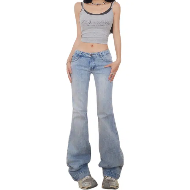 玫丝朵 酷辣美式低腰复古做旧设计时尚百搭修身喇叭裤子女夏季牛仔裤 女款