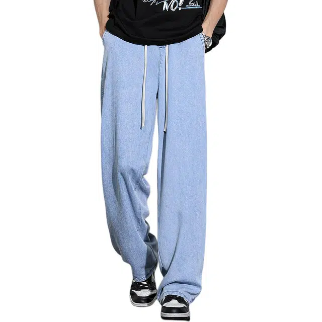 八哥 美式夏季复古高街风基础款莱赛尔天丝冰凉阔腿裤时尚百搭宽松舒适透气松紧系带休闲牛仔裤 男女同款