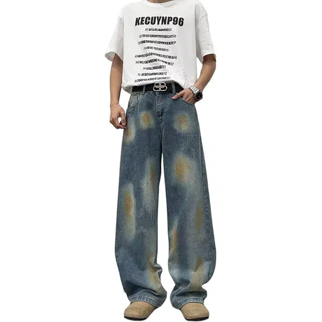 沃马 美式复古泼墨刷漆宽松弯刀水洗做旧阔腿拖地牛仔裤 男女同款 蓝色