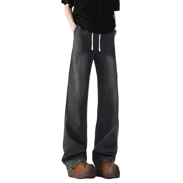 大白鲨 美式复古直筒水洗做旧裤子百搭时尚潮流纯色通勤休闲牛仔裤 男女同款