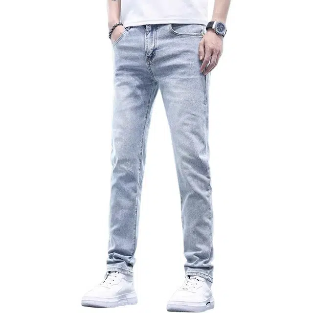 潮人榜 薄款美式高街休闲修身小脚弹力长裤潮牌百搭痞帅直筒牛仔裤 男款