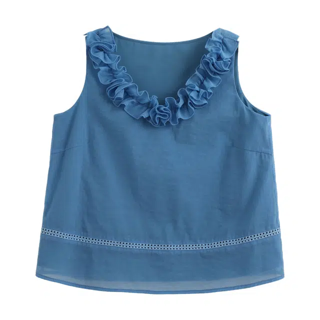 花栗鼠小姐 热恋玫瑰 复古明媚手工抽皱木耳边领设计时尚潮流百搭宽松舒适约会通勤无袖上衣背心 女款