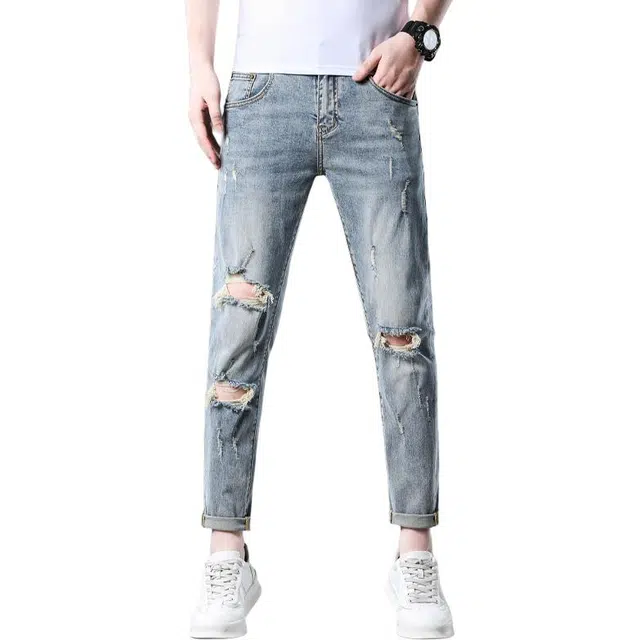 吉肯蒂 夏季薄款欧版男牛仔裤子破洞乞丐裤浅色修身弹力九分 男款