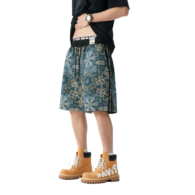 敦煌博物馆 新中式民族风花卉提花工艺撞色拼接宽松直筒阔腿舒适透气运动百搭五分休闲短裤 男女同款