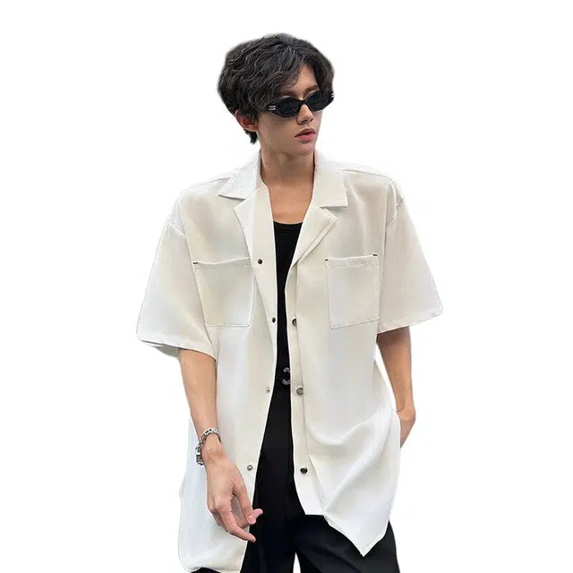 佐菲利 高级设计感古巴领痞帅上衣韩版潮流半袖垂感衬衣夏季短袖衬衫 男款