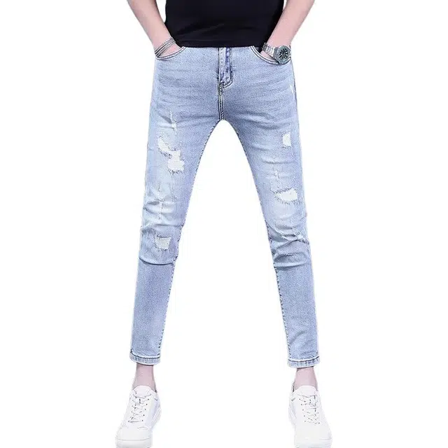 吉肯蒂 简约百搭薄款破洞牛仔裤 男款 浅蓝色九分