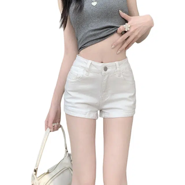 缪斯的诱惑 设计感美式复古高腰显瘦浅色百搭超短热裤牛仔短裤 女款 白色