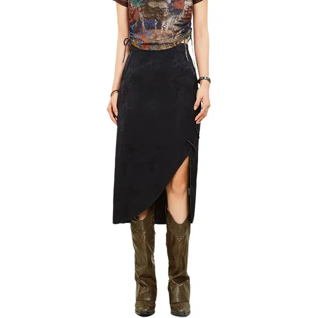 木果果木 盘扣提花设计开叉纯色标准中国风自然腰休闲长裙 女款