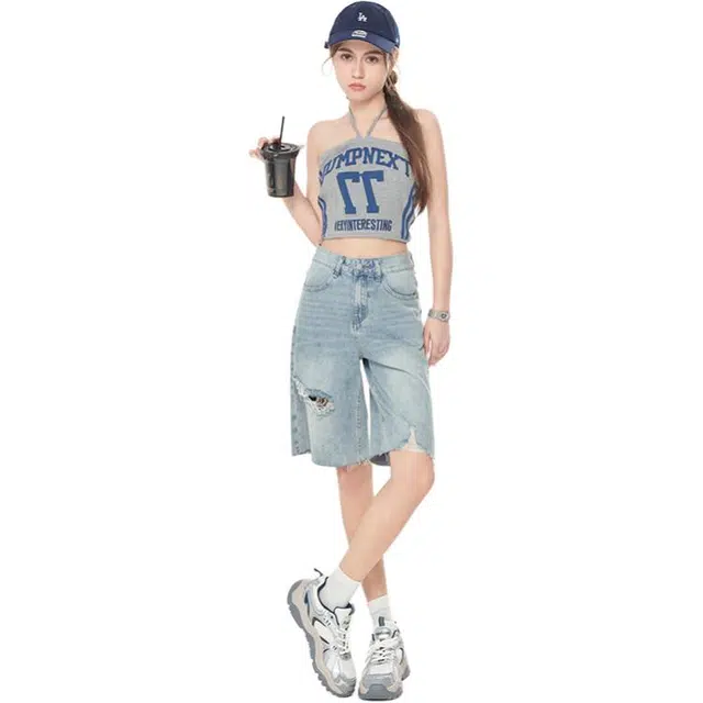 玫丝朵 复古浅色破洞高腰阔腿牛仔短裤 女款 怀旧蓝