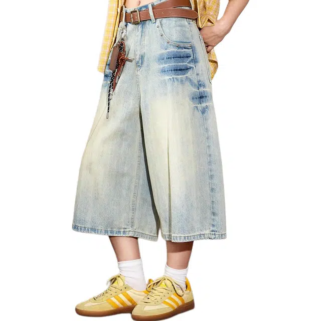 美式高街复古水洗做旧铆钉拼接阔腿七分裤 宽松垂感百搭日常款牛仔短裤 男女同款