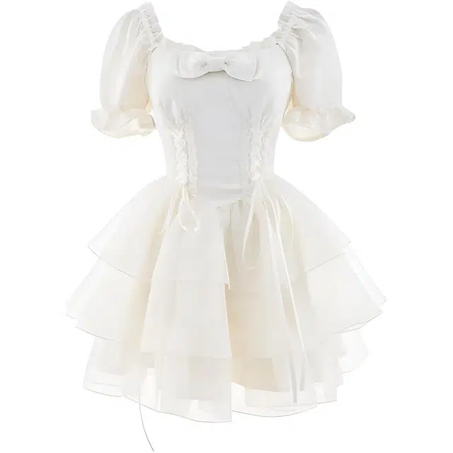 小卷要加油 甜美公主风蝴蝶结欧根纱短款蓬蓬裙女夏短袖连衣裙 女款