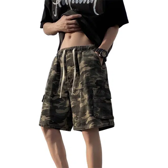 沐诚阳译 美式复古工装男夏季潮牌宽松百搭五分裤高街痞帅迷彩休闲中裤短裤 男款
