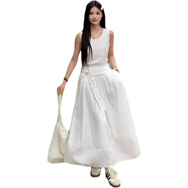 怪力萝莉 气质显瘦铆钉腰带收腰背心裙子长裙吊带连衣裙 女款