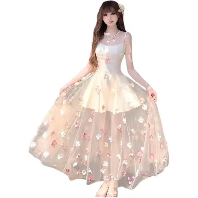 小卷要加油 莫奈花园法式温柔浪漫立体花朵时尚气质吊带连衣裙 女款