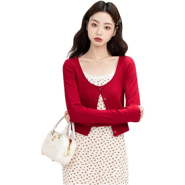 欧阳喜 纯色时尚简约舒适百搭长袖开衫针织衫 女款 红色