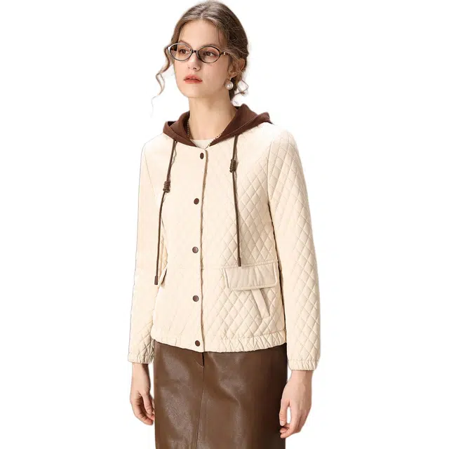 粉红玛琍 纯色舒适单排扣长袖棉服 女款 米白