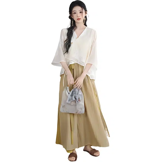 荟萃阁 新中式国风刺绣斜襟盘扣七分袖古典汉服上衣裤裙女两件套裙装套装 女款