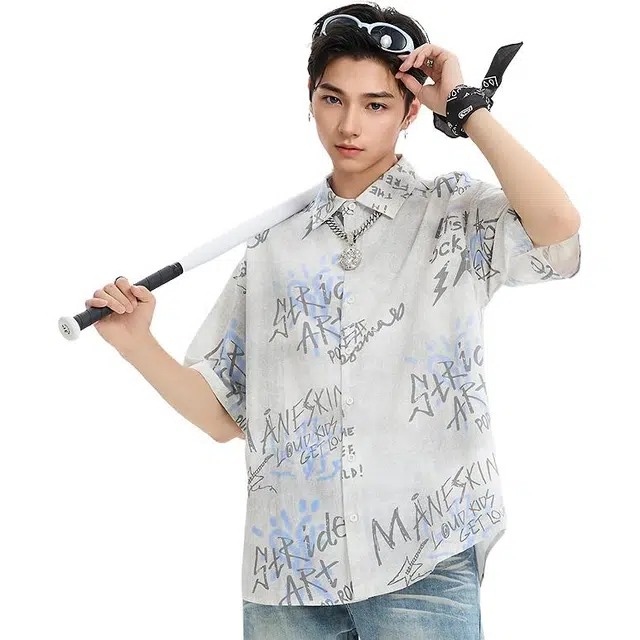 三福 满版印花街头时尚翻领短袖衬衫 男款