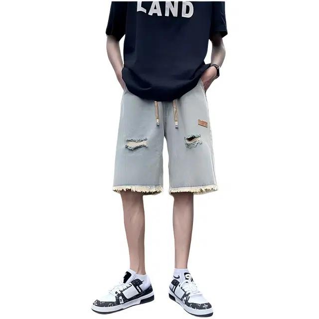 木木兔 美式复古痞帅潮牌毛边破洞休闲百搭小众时尚设计感五分裤牛仔短裤 男款