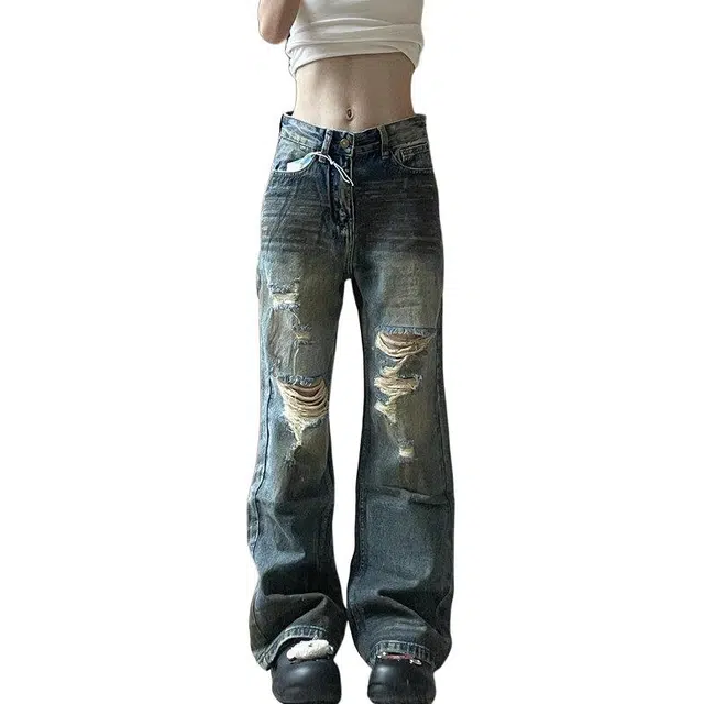 沃马 美式高街弯刀水洗做旧复古脏脏破洞阔腿拖地牛仔裤 男女同款 蓝色