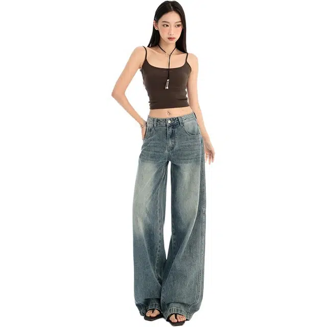 玫丝朵 美式复古做旧不规则设计百搭宽松阔腿拖地牛仔裤 女款