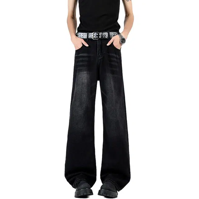 沃马 美式高街水洗做旧废土风倒装复古重工牛仔裤 男女同款