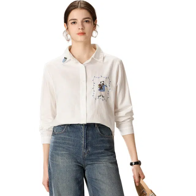 粉红玛琍 时尚减龄刺绣百搭休闲长袖衬衫 女款 白色