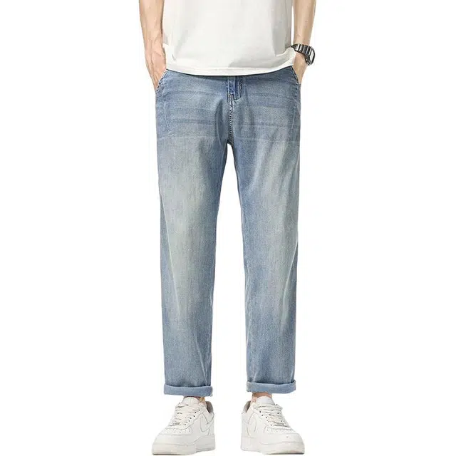 隐狼世家 薄款潮牌锥形微锥直筒九分长裤子牛仔裤 男款