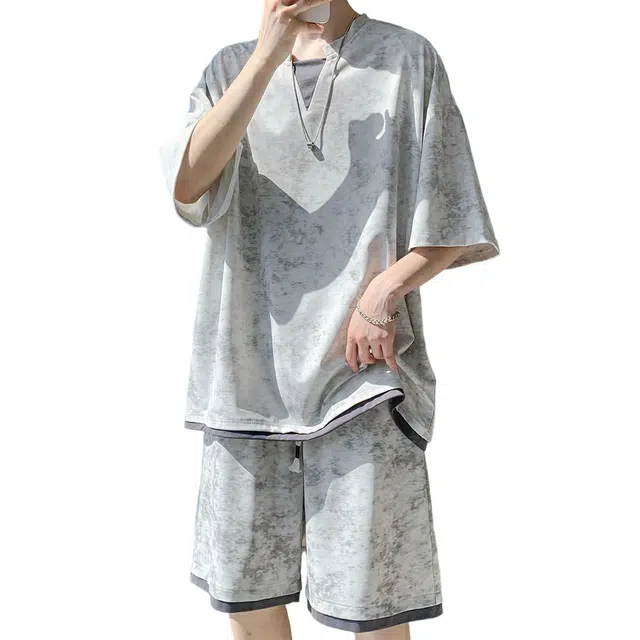 顶峰保罗 美式潮牌扎染冰丝复古短袖亲肤透气时尚百搭短裤两件套休闲运动套装 男女同款