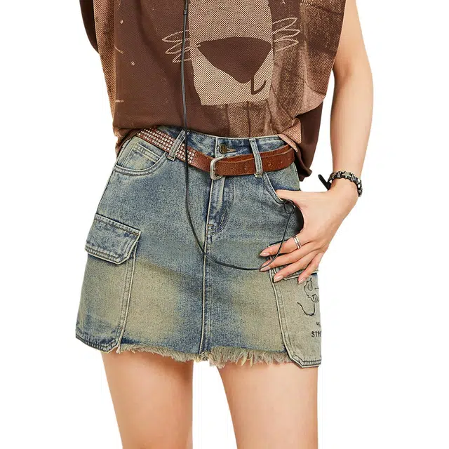 木果果木 美式复古辣妹显瘦宽松自然腰工装短裙 女款