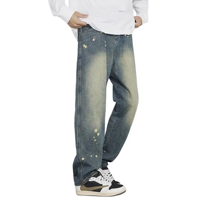 么宁 涂鸦印花美式高街水洗做旧宽松直筒简约百搭潮流时尚舒适透气个性痞帅休闲运动牛仔裤 男女同款 复古