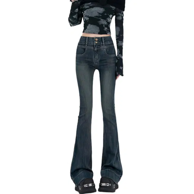 惟熙 高腰修身微喇牛仔裤 女款 复古蓝