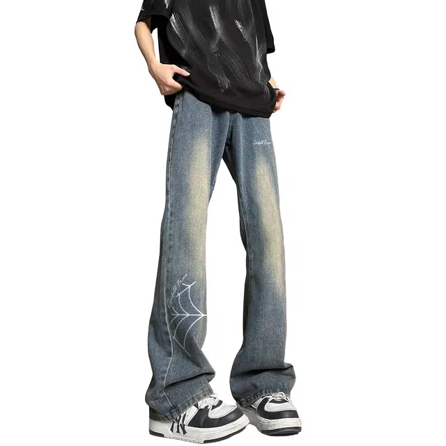 加菲猫家族 做旧水洗直筒垂感拖地个性时尚宽松舒适简约休闲通勤百搭中腰牛仔裤 男女同款