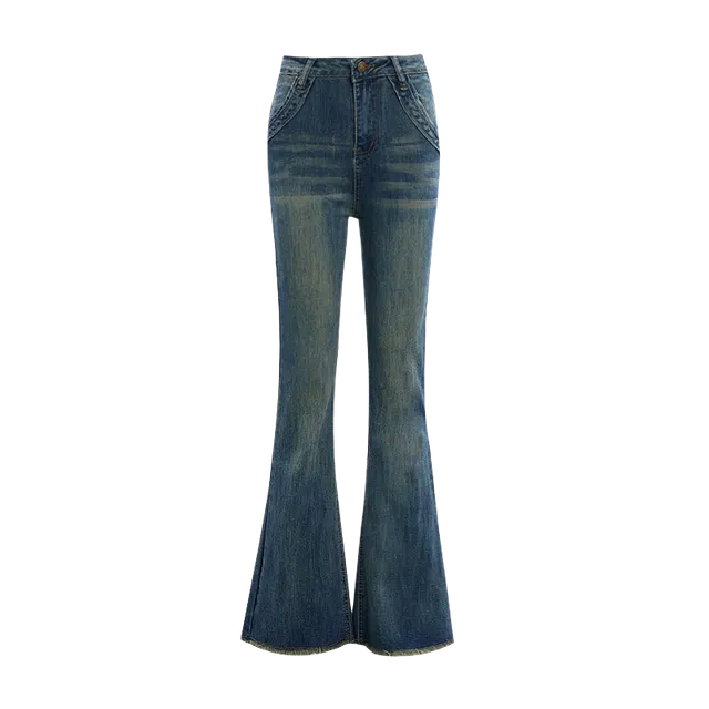 拾籍 街头辣妹高腰显瘦复古氛围感喇叭裤毛边拖地牛仔裤 女款