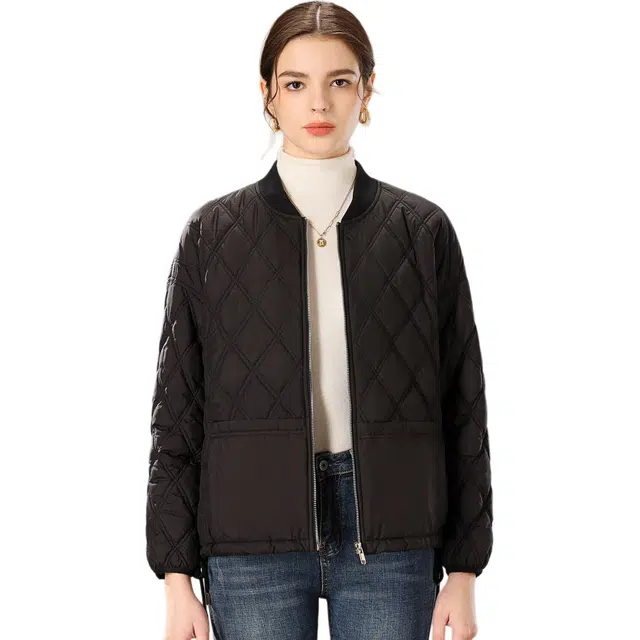 粉红玛琍 纯色棒球领拉链百搭长袖棉服 女款 黑色