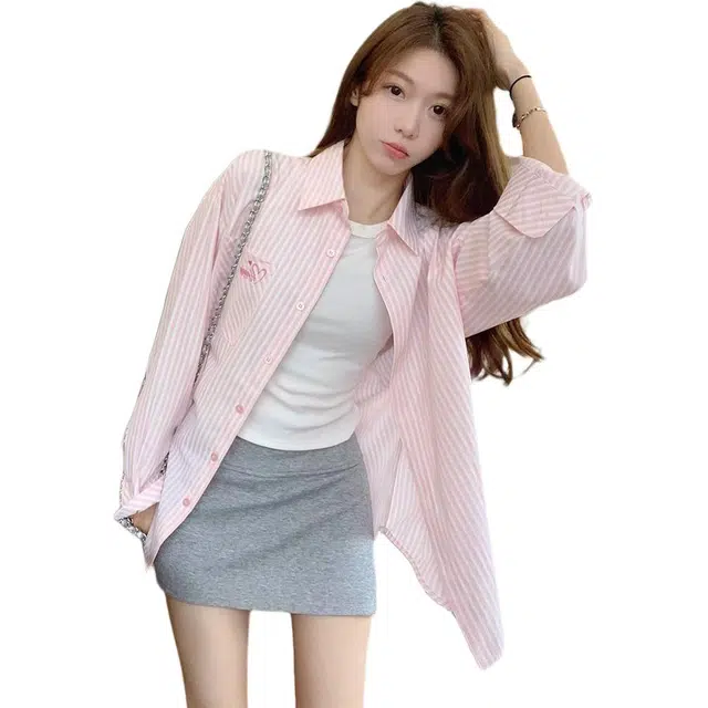 水中花 刺绣条纹外套防晒衬衣宽松百搭开衫港风上衣外穿长袖衬衫 女款