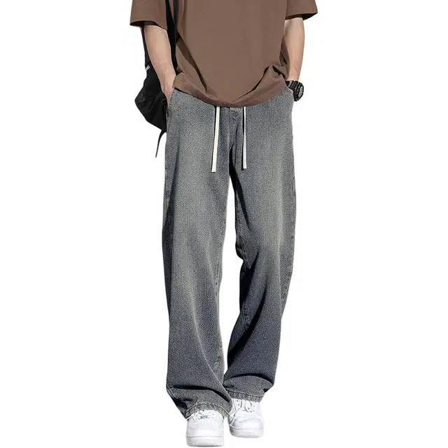 顶峰保罗 凉感透气宽松休闲水洗直筒长裤子美式复古潮牌薄款情侣小众慵懒百搭系带牛仔裤 男女同款