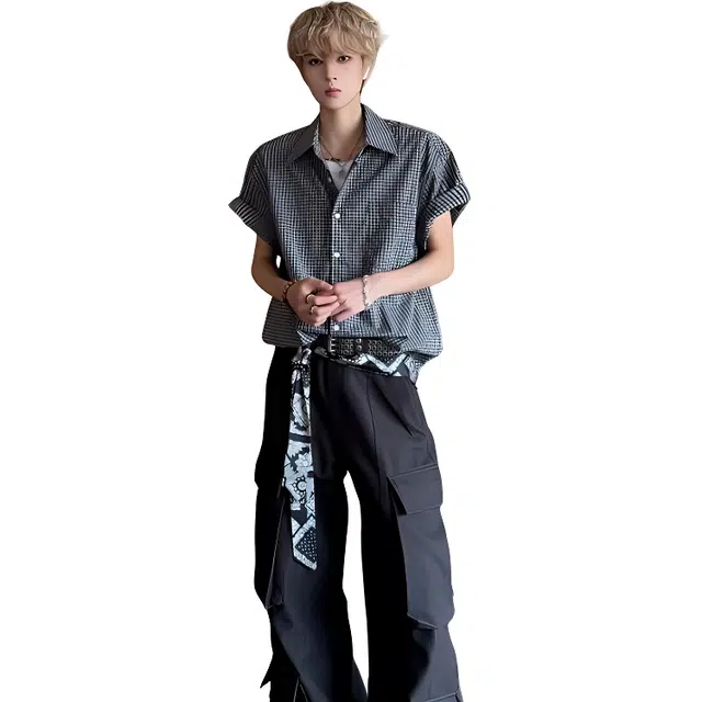 单爵 格子美式正肩衬衣松弛感穿搭韩系外套高级感短袖衬衫 男女同款