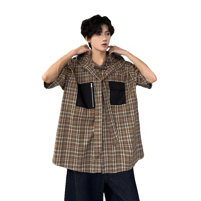 加荣 经典格子连帽口袋休闲舒适百搭宽松短袖衬衫 男女同款