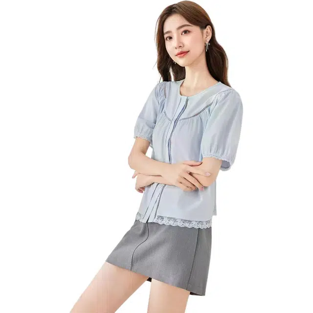 爱依服 法式温柔通勤纯色短袖圆领衬衫 女款