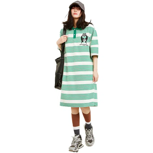木果果木 学院风直筒套头中长款短袖连衣裙 女款 绿条纹