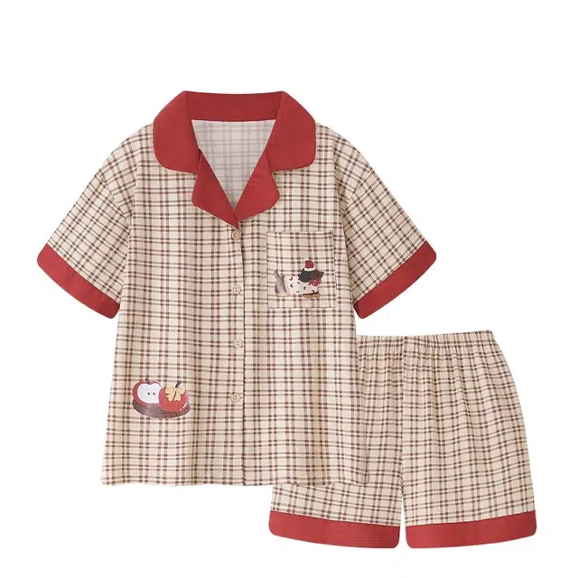 俏韵 翻领夏季苹果腊肠狗日系格子短袖短裤卡通夏天薄款家居服可外穿睡衣套装 女款