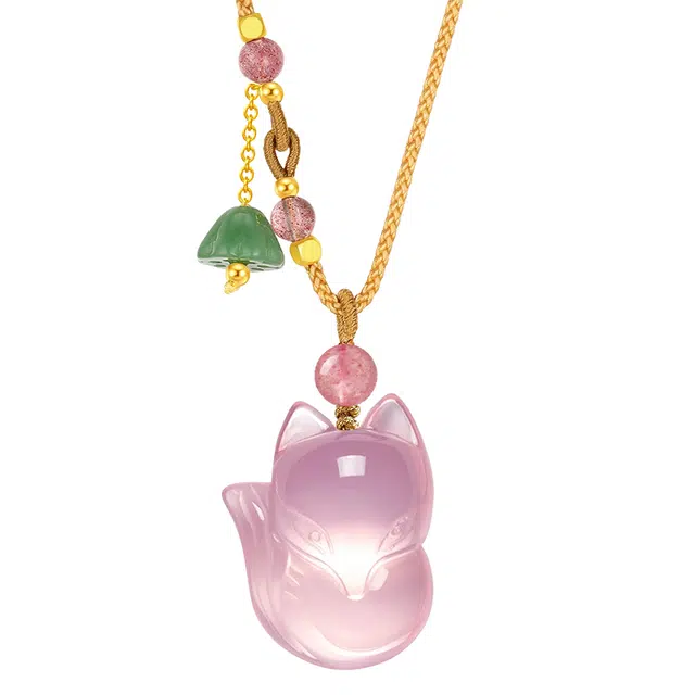 阿梵尼 招桃花粉晶狐狸吊坠 配金珠 水晶 项链 女款