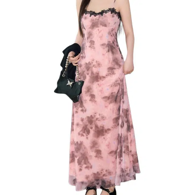 小卷要加油 纯欲风蕾丝拼接扎染薄款甜辣收腰长裙吊带连衣裙 女款