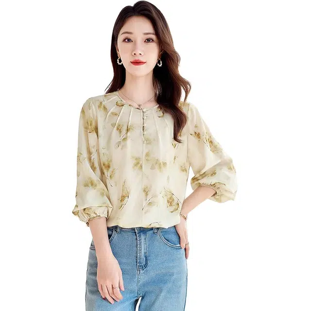 水墨佳人 真丝双绉灯笼长袖衬衫 女款 绿卡色