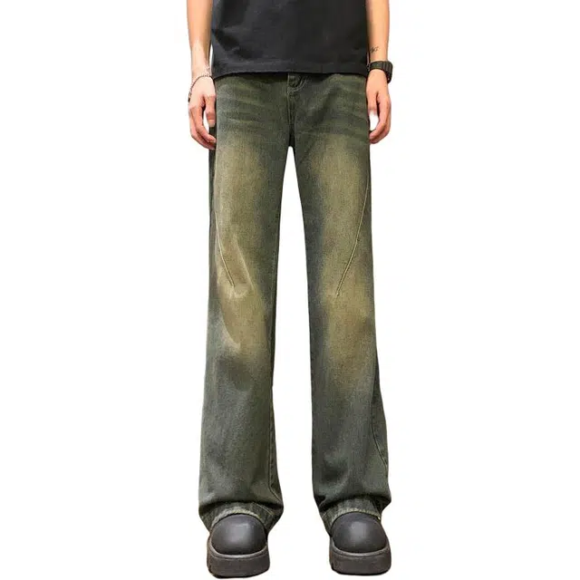 宝米卡 复古做旧美式宽松微喇裤水洗休闲长裤潮牛仔裤 男女同款