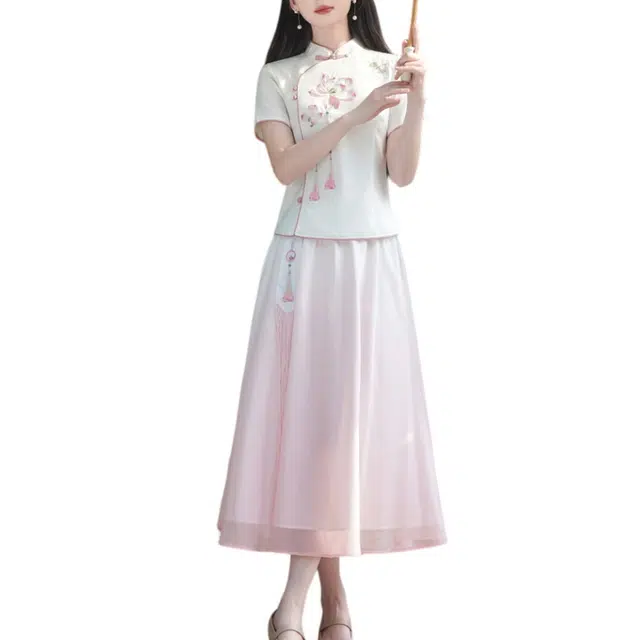 丝絮丝绸 新中式国风刺绣立领短袖上衣半身裙裙装套装 女款