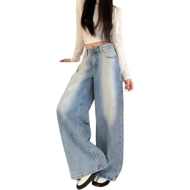 如续 美式复古夏款高腰宽松直筒阔腿拖地长裤牛仔裤 女款